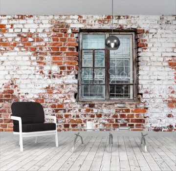 Picture of Wooden window on weathered red brick wall painted white